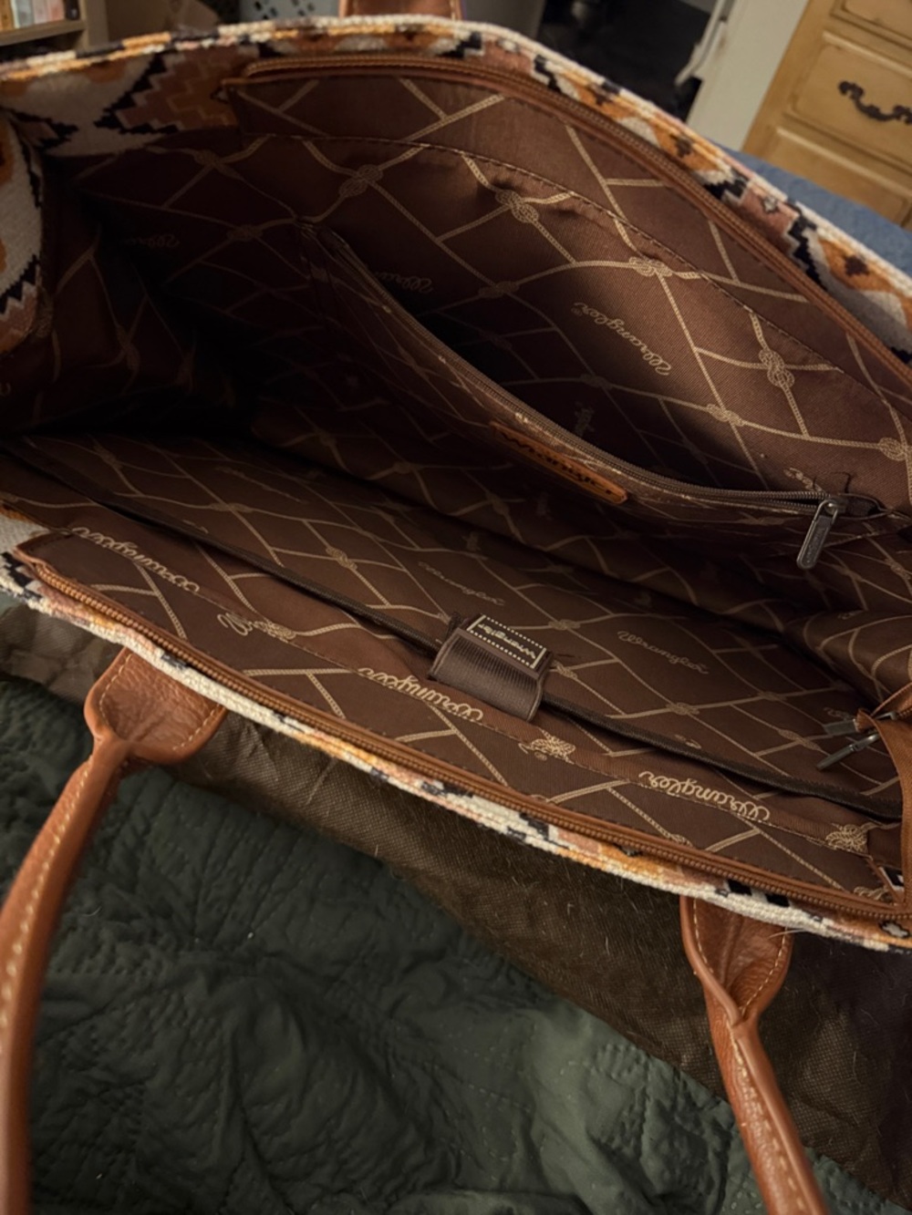 Wrangler Aztec-Pattern Canvas Tote in Tan, Cream, Black - Picture 4 of 5